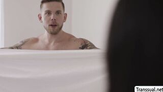 Tgirl maid takes a bath and analed by her boss
