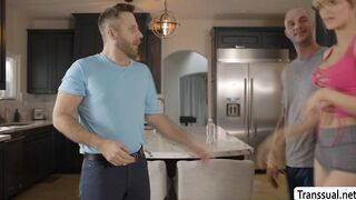 Busty TS blonde seduces husbands friend to fuck her
