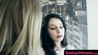 Beautiful stepdaughter fingers her wet pussy and eats MILF out