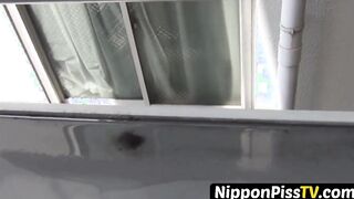 Perfect Oriental minx spilling pee on flight of stairs