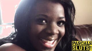 Chubby Ebony girl with big tits gets fucked roughly on sofa