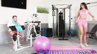 Jimmy slams his fitness trainer, Katrina's shaved pussy