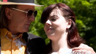 Petite EU babe Getting Plowed by two Older Guys Outdoors