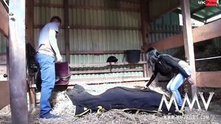 Fake titted Asian goddess fucking inside the barn