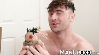 Bald guy teases himself while being controlled with a doll
