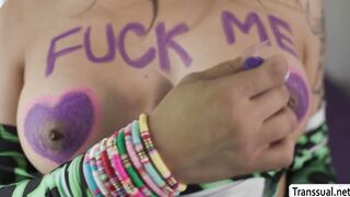 Busty shemale gives her neighbor the time of his life