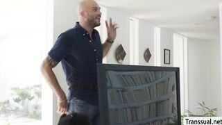 Busty shemale gives her neighbor the time of his life