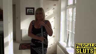 Blonde housewife with leather outfit gets drilled roughly