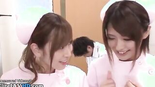 Japanese amazing nurses in stockings helping patient to cum