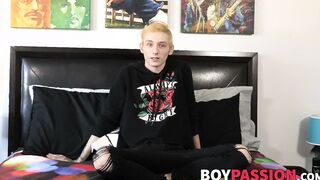 Interviewed twink Justin Stone oils up dildo after jerk off