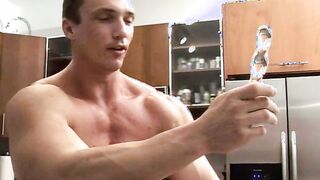 Latino muscle jock wanking huge cock and dildo drilling solo