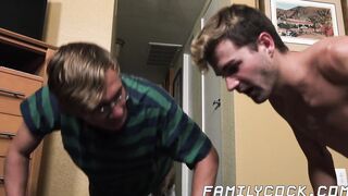 Young stepbros working out before daddy barebacks them