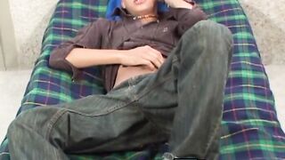 Latino twink with piercings fingers ass while jerking off