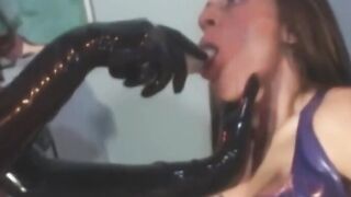 The latex dominatrix takes her crotch away from the lesbian beauty