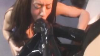 The latex dominatrix takes her crotch away from the lesbian beauty
