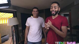 Teenage temptress stuffs pink pussy with eager BBC