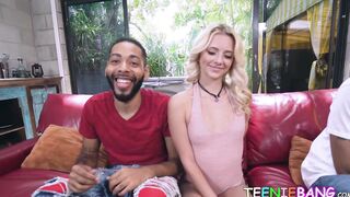 Teenage temptress stuffs pink pussy with eager BBC