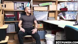 Young shoplifter with tattoos is beaten hard by an Ebony guard
