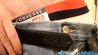 Horny guy wanking his big cock under his sweet underwear