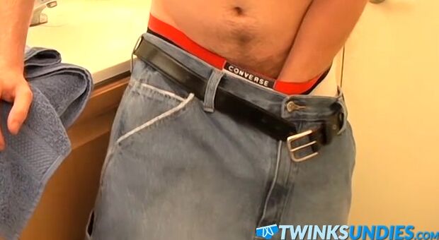Horny guy wanking his big cock under his sweet underwear