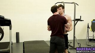 Tattooed hunk fucking this skinny dude in the ass at the gym
