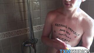 Bottom bitch twink gets mouth fucked hard by three big dicks