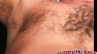 Tattooed mature given a blowjob and anal fingering