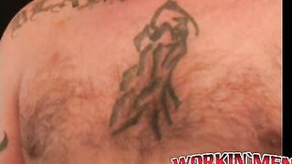 Tattooed mature given a blowjob and anal fingering