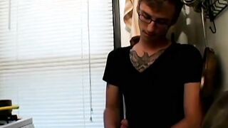 Inked young gay spreads cheeks before wanking off solo