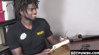 Immediately following a sensual BJ a muscular security guard drills a gay man