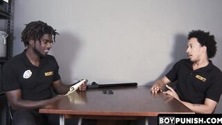 Immediately following a sensual BJ a muscular security guard drills a gay man