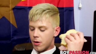 Young homo Aaron Stang rides boss cock wildly in office