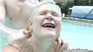 Busty British GILF catches a guy watching her and fucks him