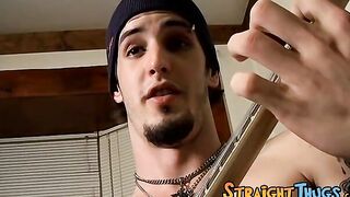 Straight guy playing guitar and jacking off his hairy cock