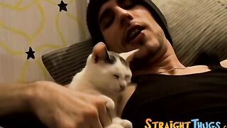 Straight tattooed dude smokes cigars while jacking off