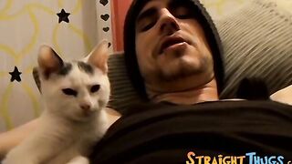Straight tattooed dude smokes cigars while jacking off