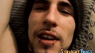 Straight tattooed dude smokes cigars while jacking off