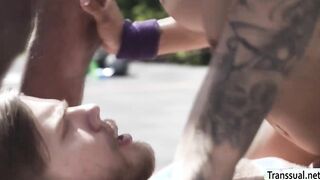 Horny slut TS lets varsity players fuck her ass