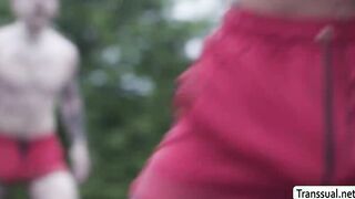 Horny slut TS lets varsity players fuck her ass