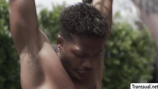 Horny slut TS lets varsity players fuck her ass