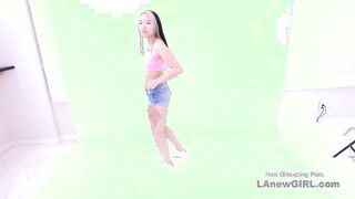 Brunette fucks little asian girl strapon