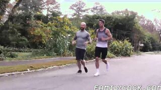 Hairy stepdad drills his jock stepson after lifting weights
