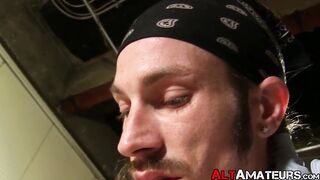 Alternate young man sucking hard cock with passion