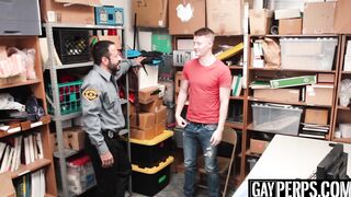 Bearded security officer pounding young thiefs tight ass