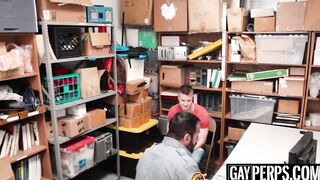 Bearded security officer pounding young thiefs tight ass