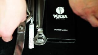 Feet licking slave with sexy leather dominatrix in high heels - VULVA Original scent