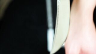 Feet licking slave with sexy leather dominatrix in high heels - VULVA Original scent