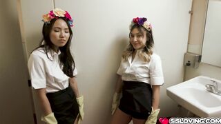 Stepsisters Asia and Mads sucks stepbros cock
