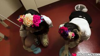 Stepsisters Asia and Mads sucks stepbros cock