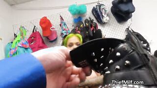 Curvy leather MILF fucked by mall cop for stealing